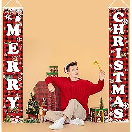 Fecedy MERRY CHRISTMAS Hanging Banner Porch Sign & Christmas Stree Snow Pattern Backdrop for Home Yard Indoor Outdoor Wall Door Party Decorations 72x12