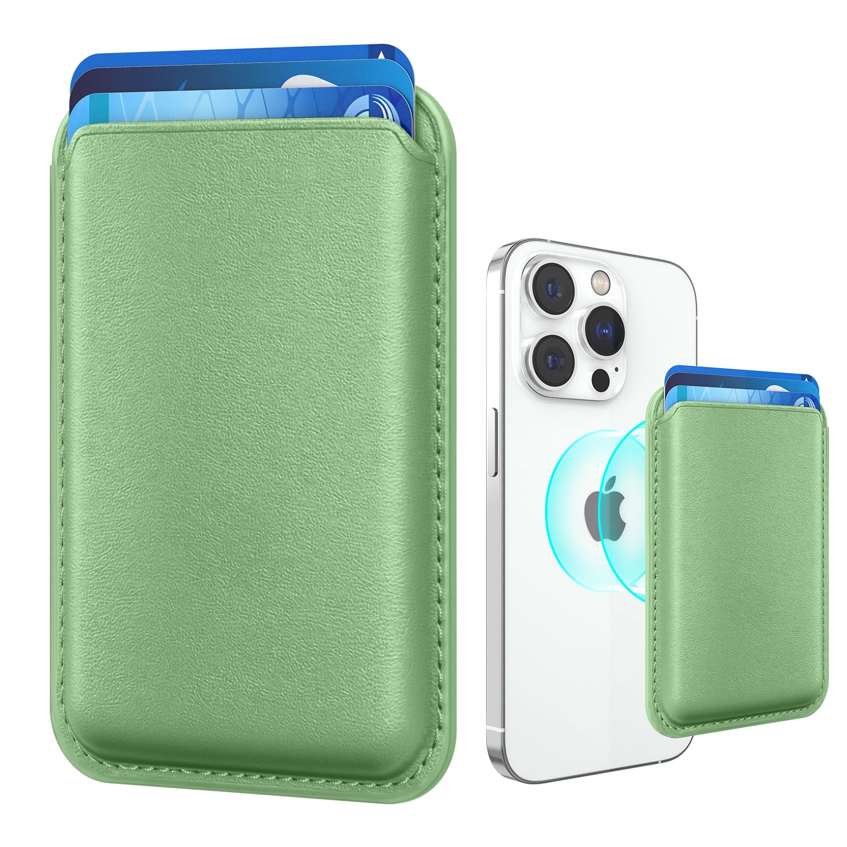 Stronger Magnetic RFID Leather Mag-Safe Card Holder for iPhone 17 Series, Mag-Safe Accessories Stick on Series of iPhone 17/16/15/14/13/12 and Pro/Promax, Light Green