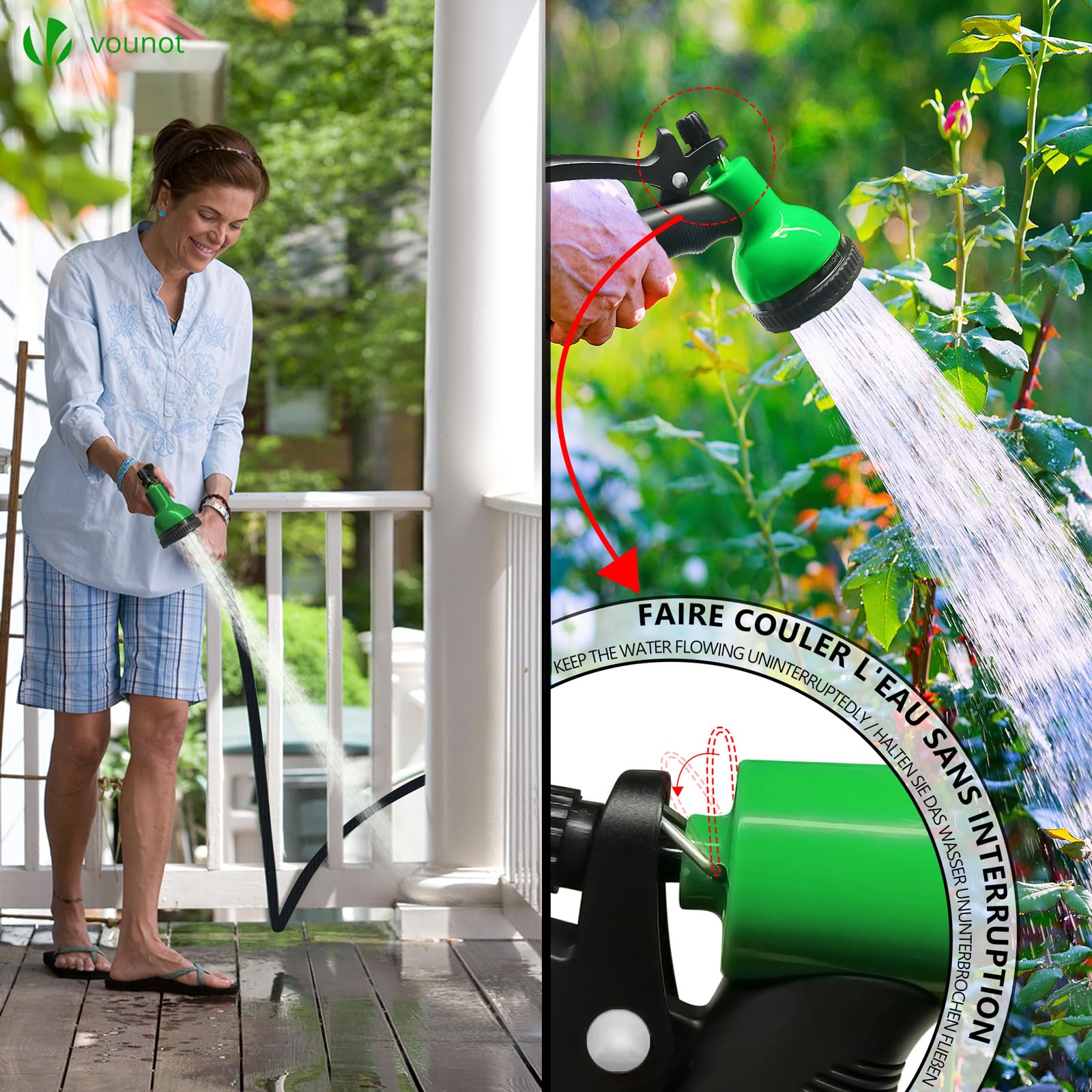 VOUNOT® Manguera Extensible 30m, Manguera Flexible Jardín con Pistola Rociadora de 10 Funciones, Conectores de Latón de 1/2 y 3/4 Pulgadas Bolsa de Almacenamiento, Negro