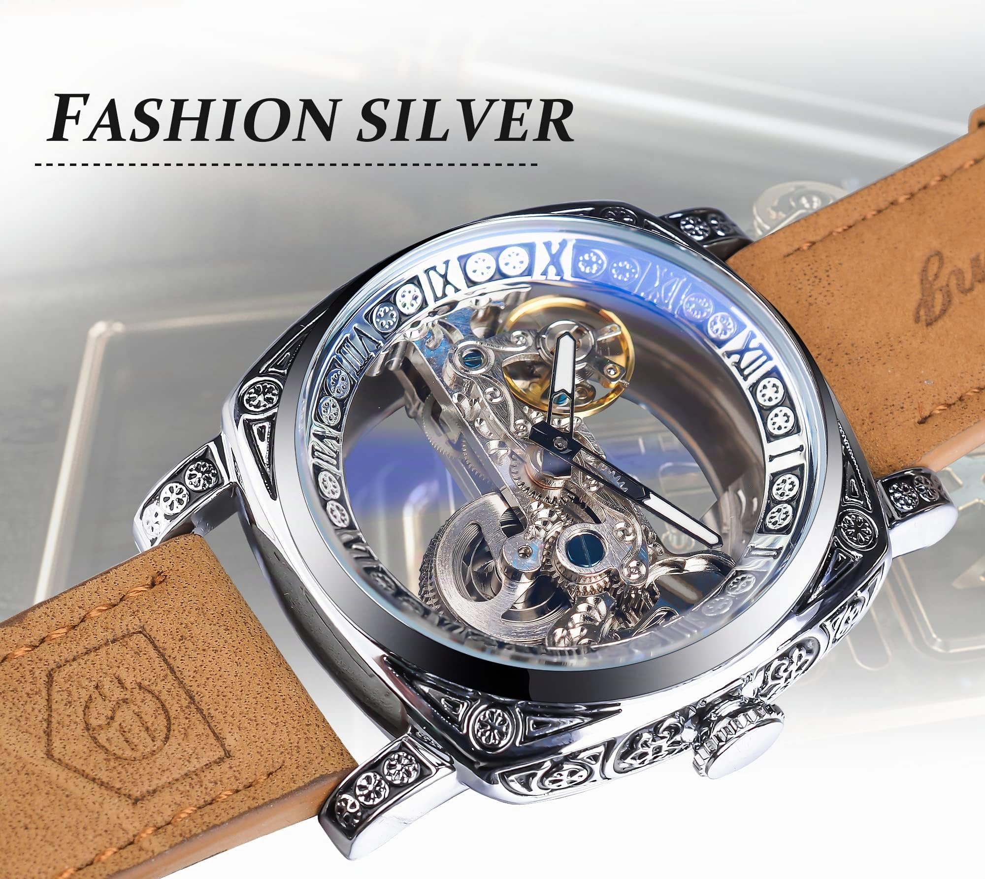 FORSINING Herren-Armbanduhr, modisch, klassisch, Skelett, quadratisch, transparentes Zifferblatt, automatisch, mechanische Armbanduhr, Leder, leuchtend, wasserdicht