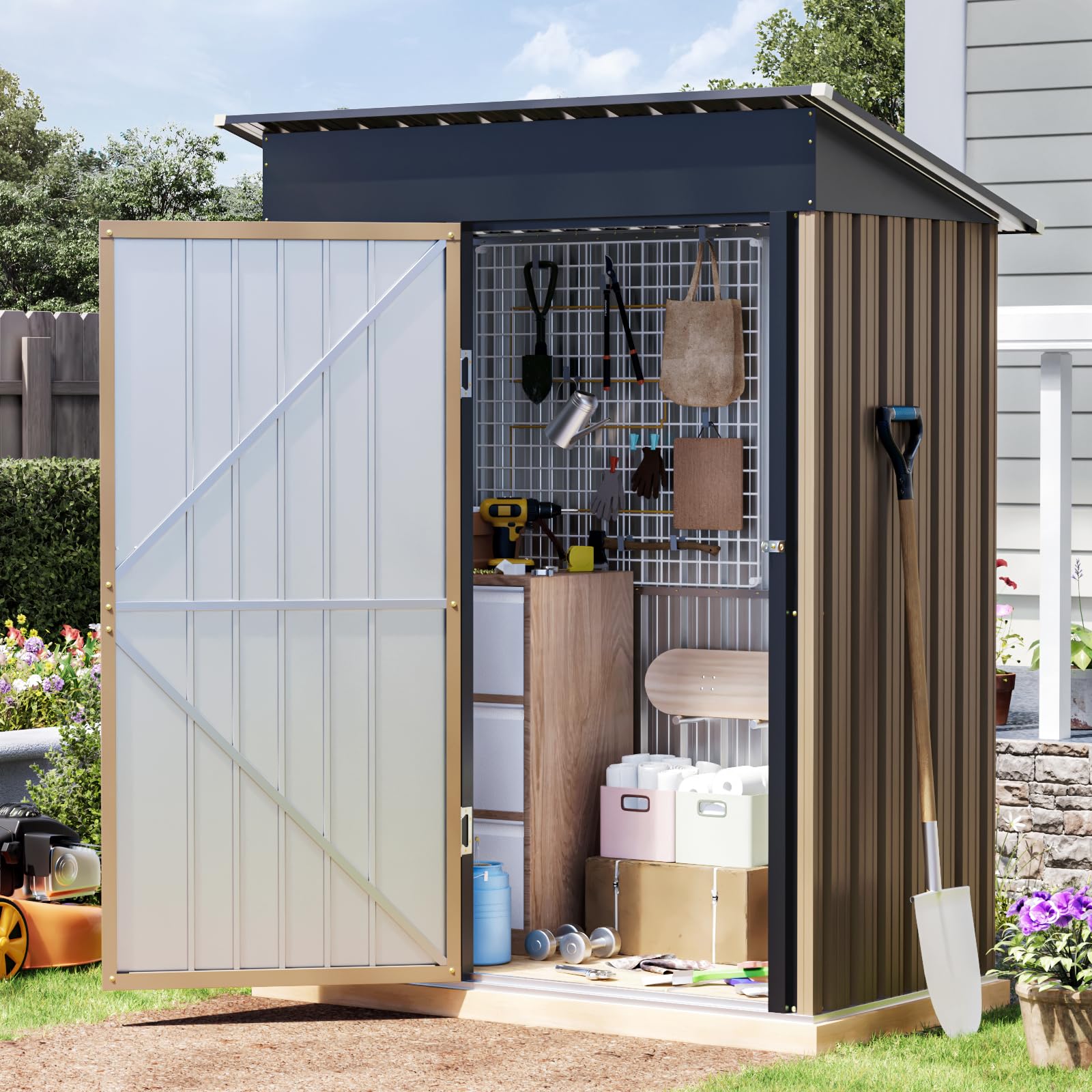 3 x 5 FT Storage Shed with Floor Frame for Backyard, Brown