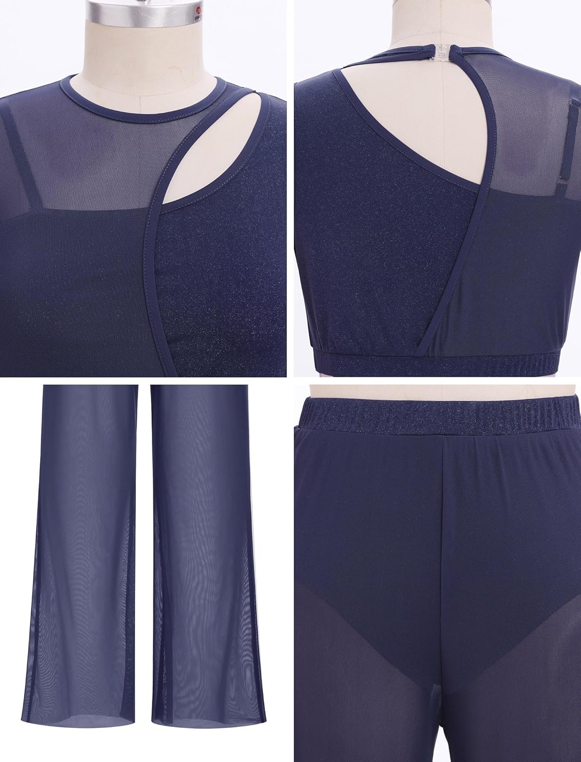 ODASDO Women Lyrical Dance Costume Contemporary Dancewear Two Piece Outfit Tank Crop Tops with Mesh Wide Leg Pants