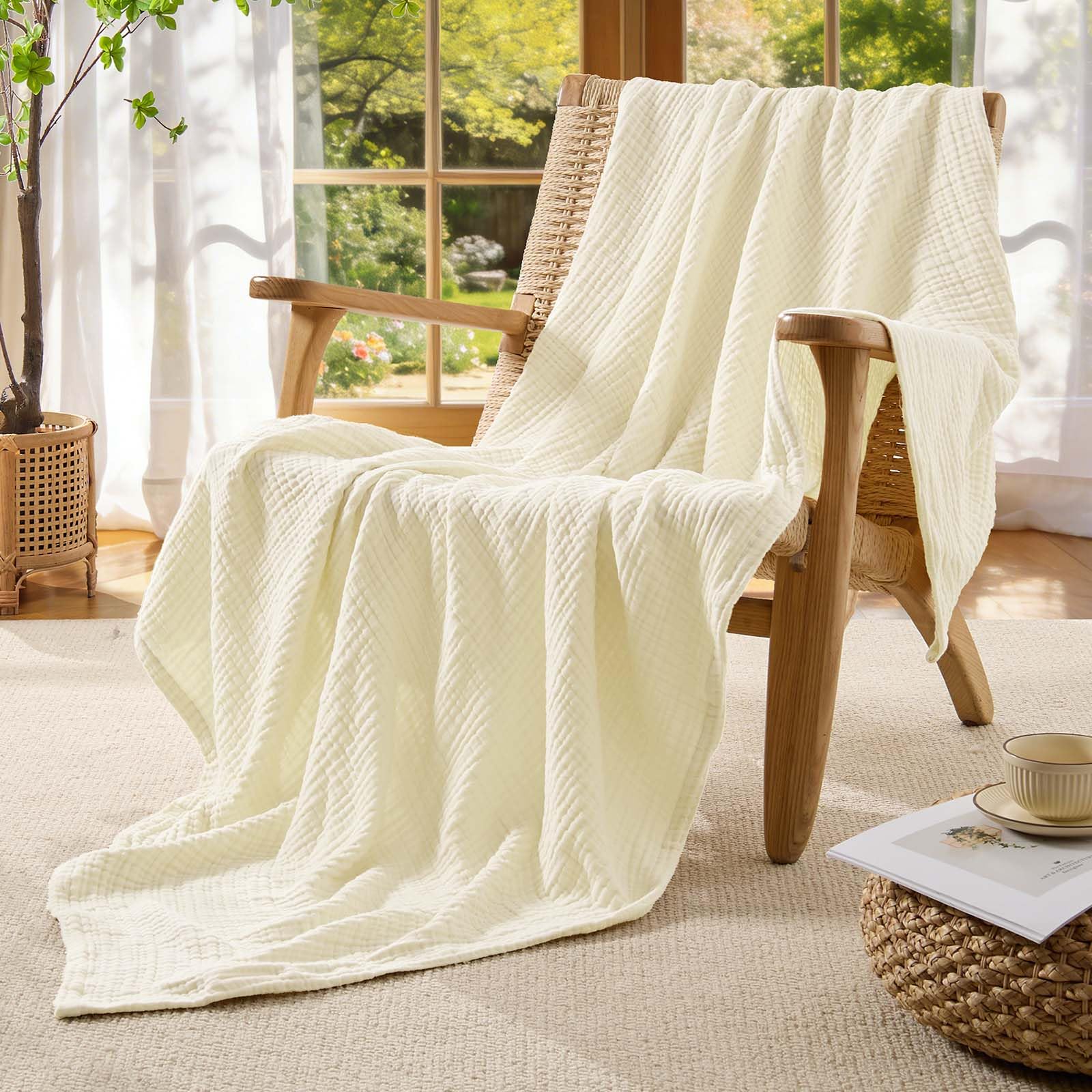 BEDELITE Musselin Decke 150 x 200 cm Baumwolle atmungsaktive Sommer Tagesdecke Kuscheldecke Überwurf Creme