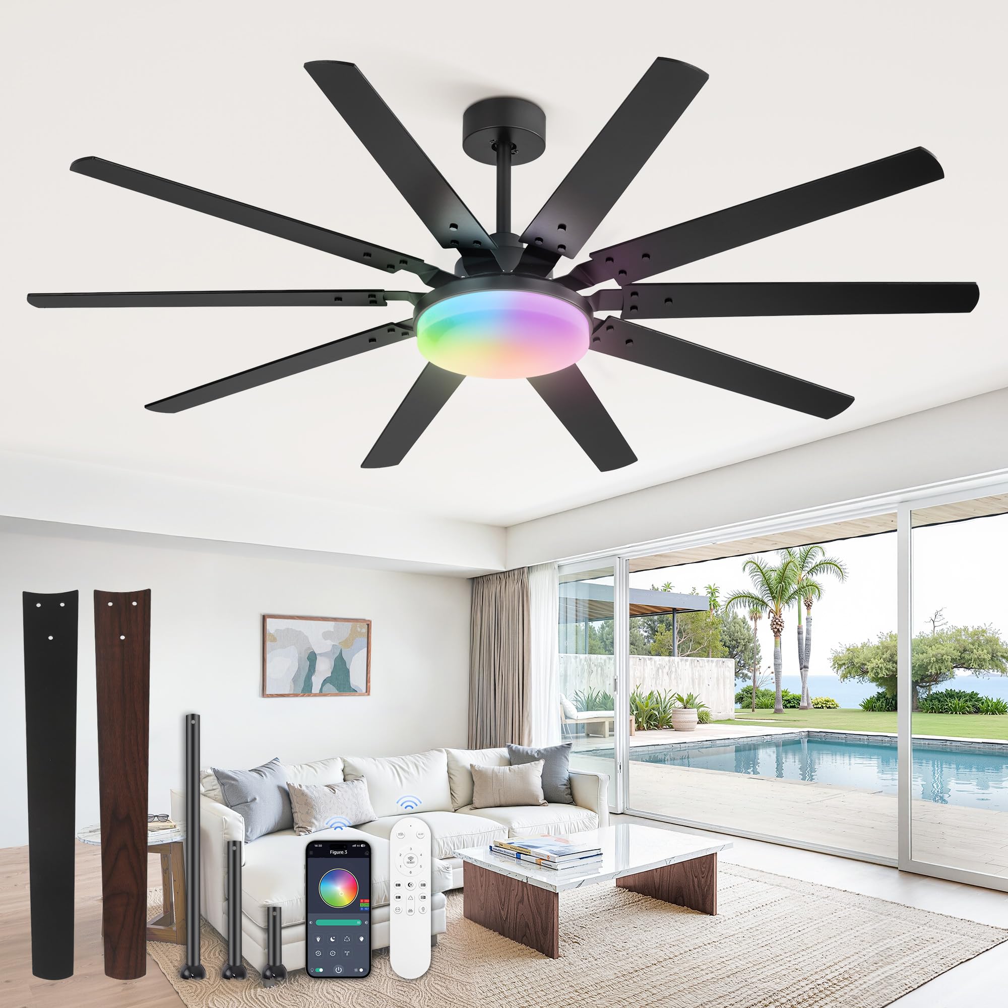 65 inch RGB Ceiling Fans with Lights and Remote, Outdoor Black Ceiling Fan with 10 Blades, 32W LED light 3 CCT, 6 Speed Reversible Quiet DC Motor, Modern Ceiling Fan for Living Room Patio