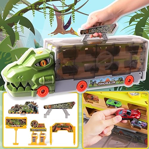 Miniatura 6 de Camión de transporte de dinosaurios, autos de juguete para niños, camión plegable de expulsión de carreras, juguete portátil de almacenamiento de