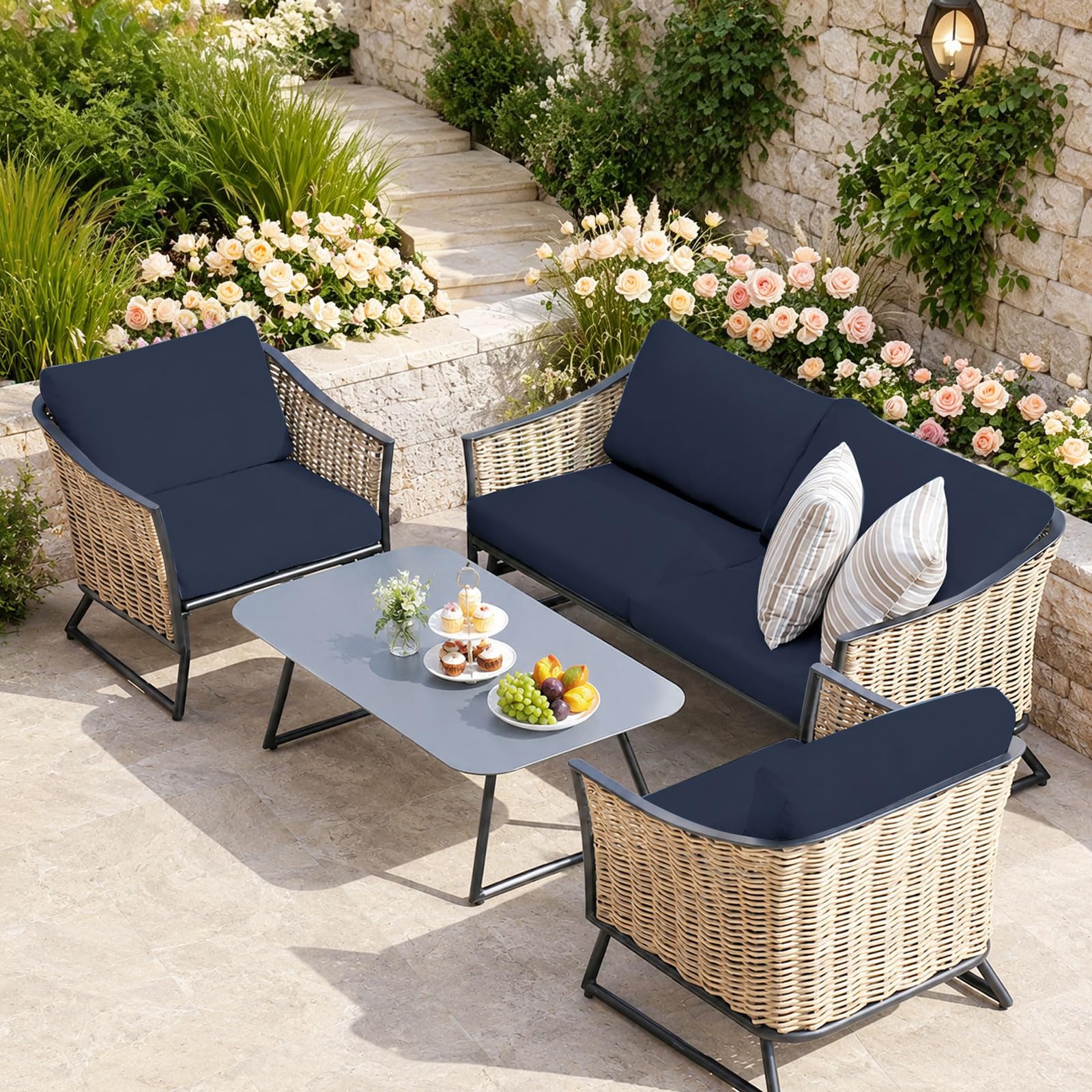 MeYuxg Set di 8 federe per cuscini da patio, per esterni, elasticizzate, rimovibili, per divano a forma di L, sedie da terrazza, mobili da giardino (blu scuro)