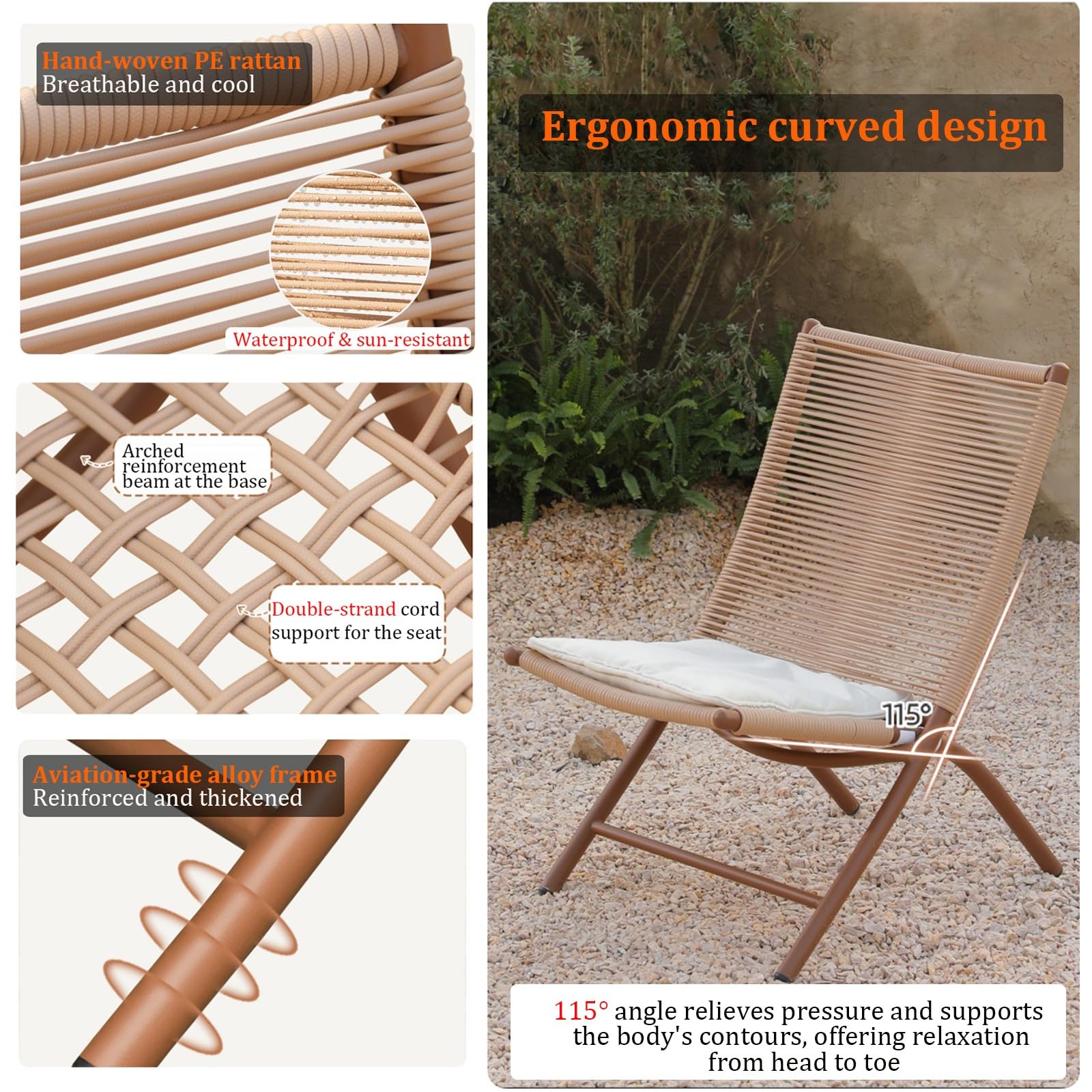 Set Bistrot Pieghevole da Esterno in 3 Pezzi, Mobili Resistenti alle Intemperie con 2 Sedie Lounge Pieghevoli e Tavolino, Cuscini Morbidi, Ideale per Giardino, Patio e Cortile
