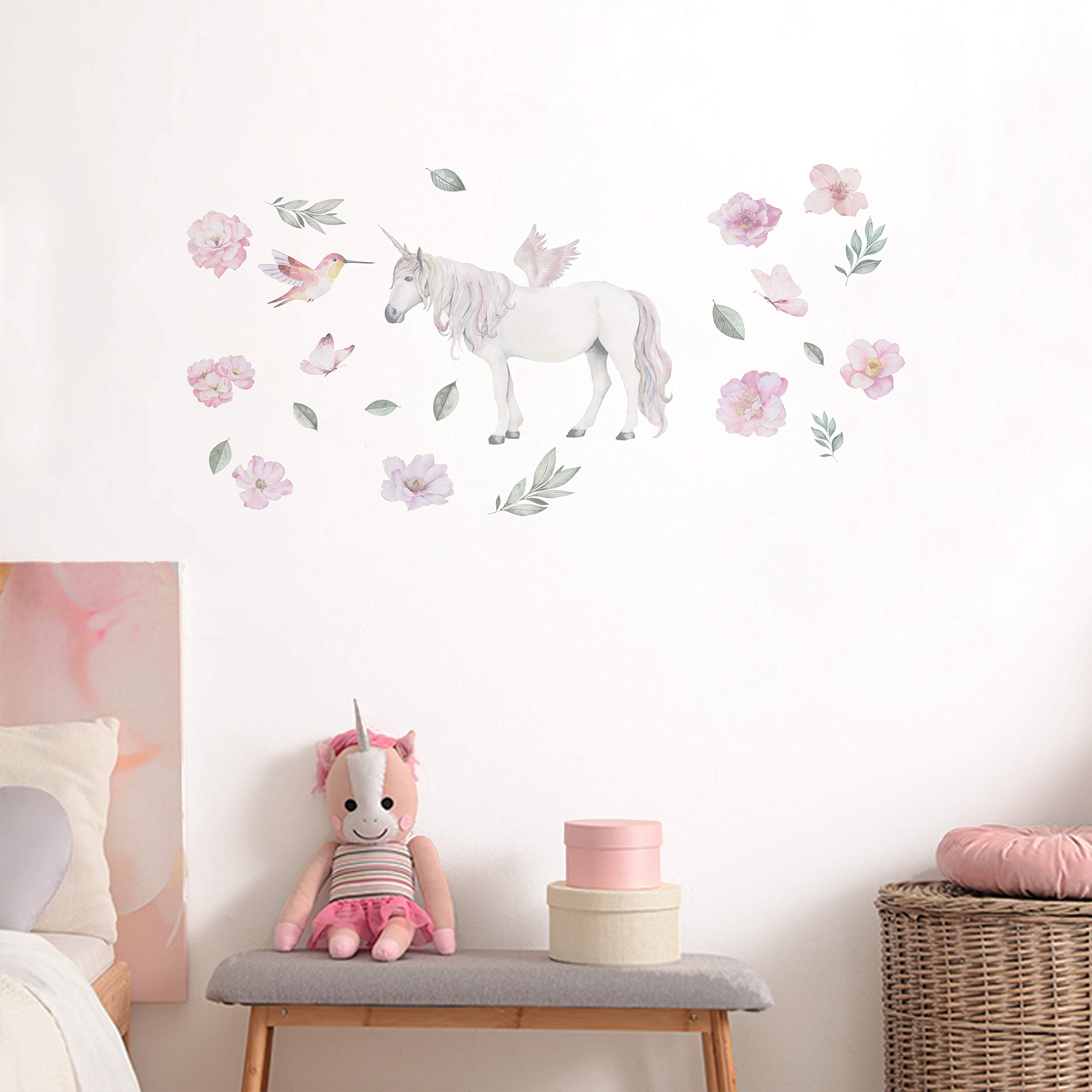 Alwayspon Kids/Girls Room Cute Unicorn Flower Wall Sticker, Removable Watercolor Wall Decals, Peel and Stick Wall Art Murals for Home Nursery Decoration Living Room Decor