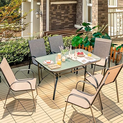 Miniatura 5 de Giantex Juego de 6 sillas de patio, sillas de comedor apilables para exteriores, con reposabrazos curvados y tela transpirable, sillas bistró con