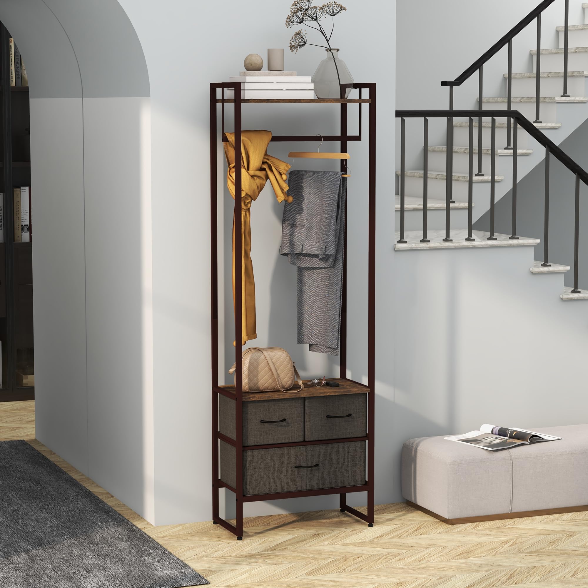 HOMCOM Appendiabiti da Terra con Asta, 3 Cassetti, 58.5x30x178 cm, Marrone