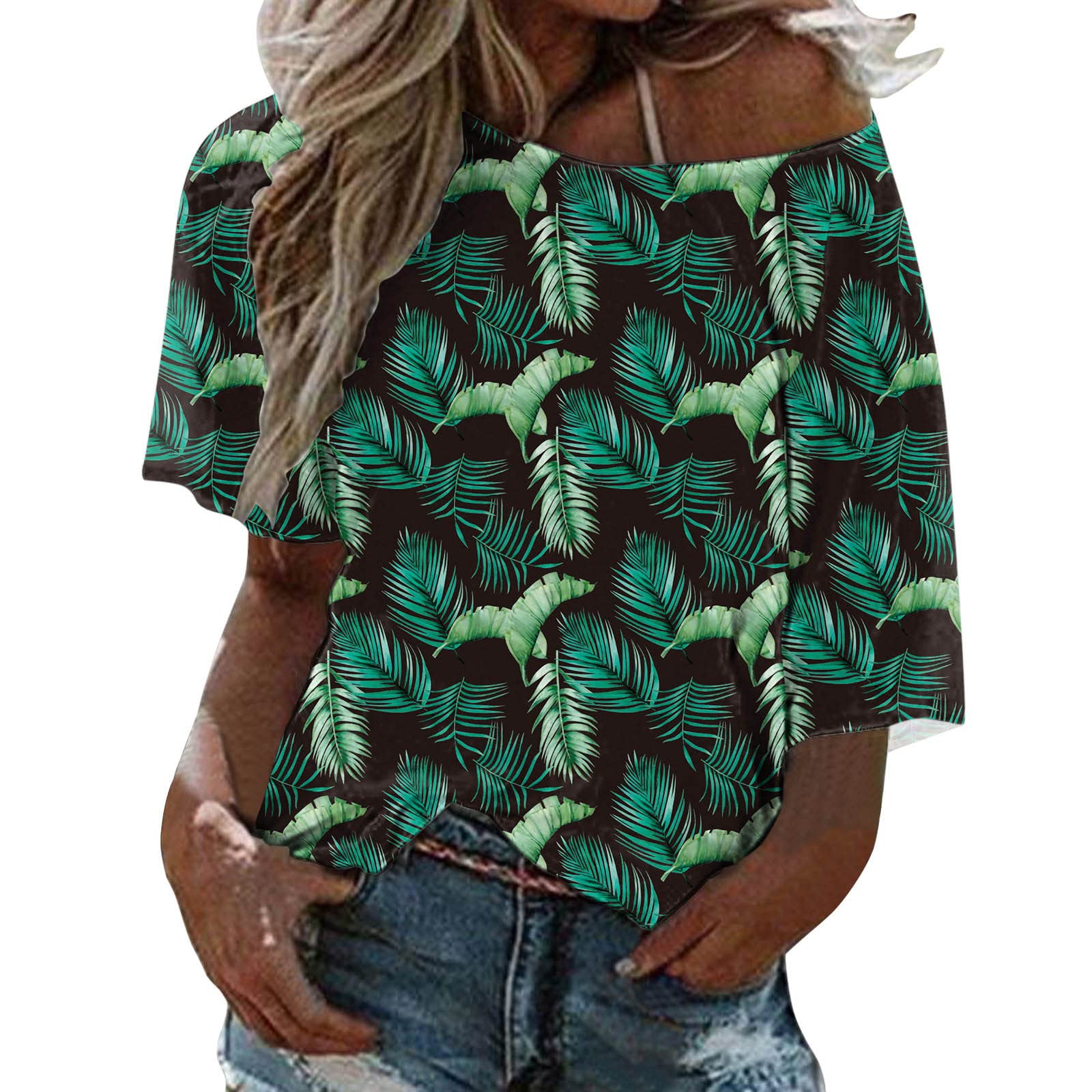 Women Boho Loose Top Summer Blouse T Shirt One Plus Size Floral Printed Shoulder Women's Blouse Womens Summer