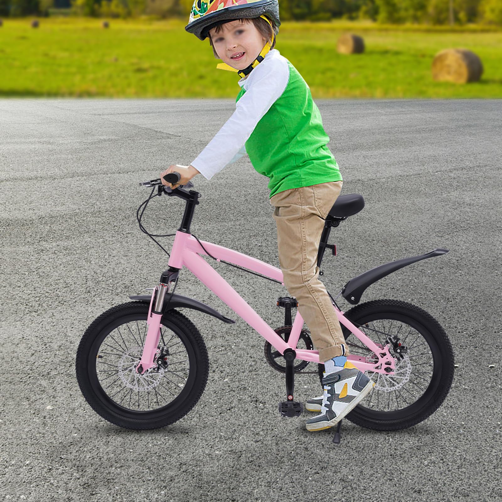 Bicicleta de montaña 18 pulgadas niños guardabarros reflectores freno pedal rosa negro