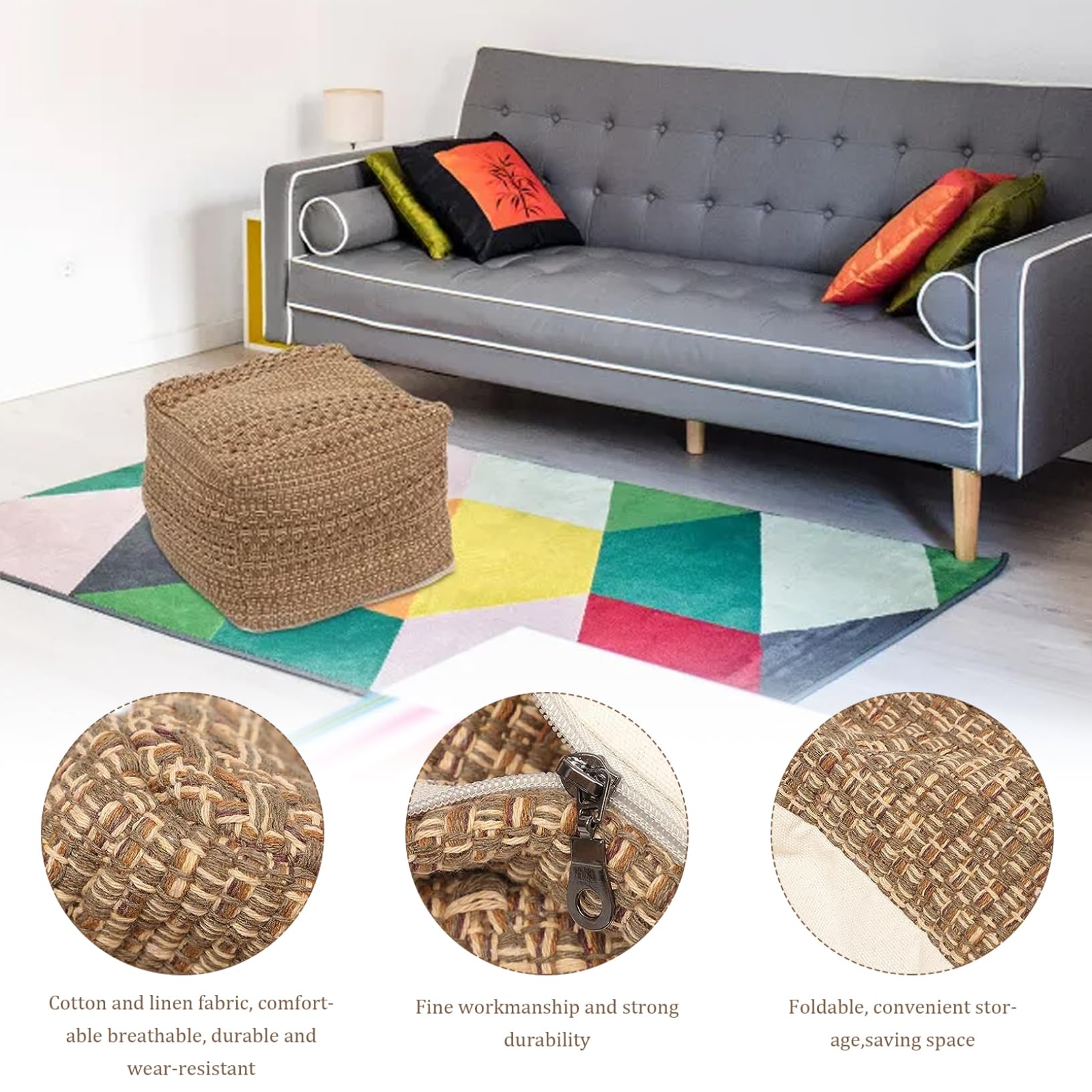 Funda para puf, reposapiés para sala de estar, 17 x 17 x 13 pulgadas, cuadrada, étnico, funda otomana, puf de lino de algodón, reposapiés para sofá para dormitorio