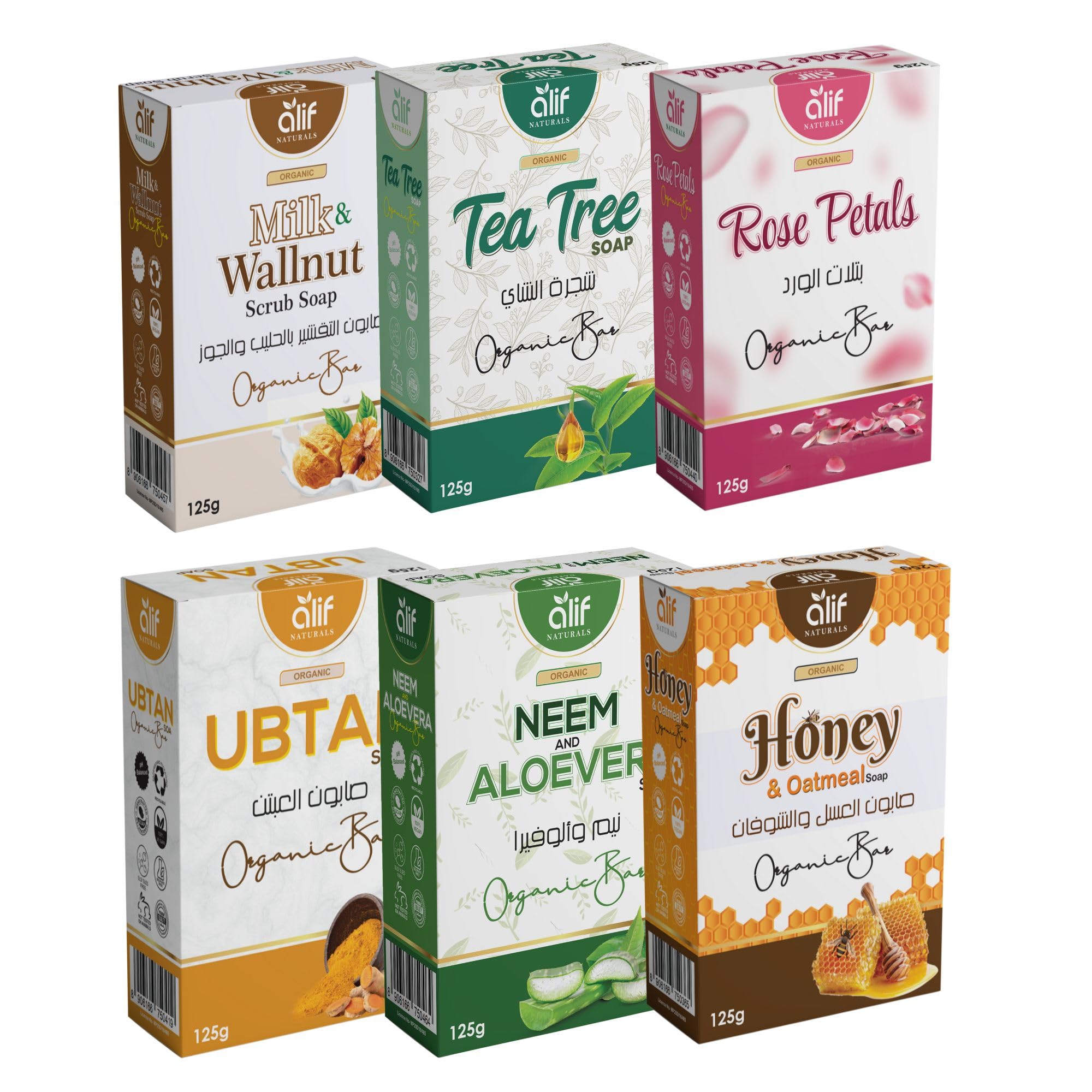 ALIF NATURALSHandmade Botanical Soap Bar Collection | Crafted with Organic Ingredients | Milk Walnut, Tea Tree, Rose Petals, Ubtan, Neem & Aloe Vera, Honey & Oatmeal | Pack of 6 | 125g each