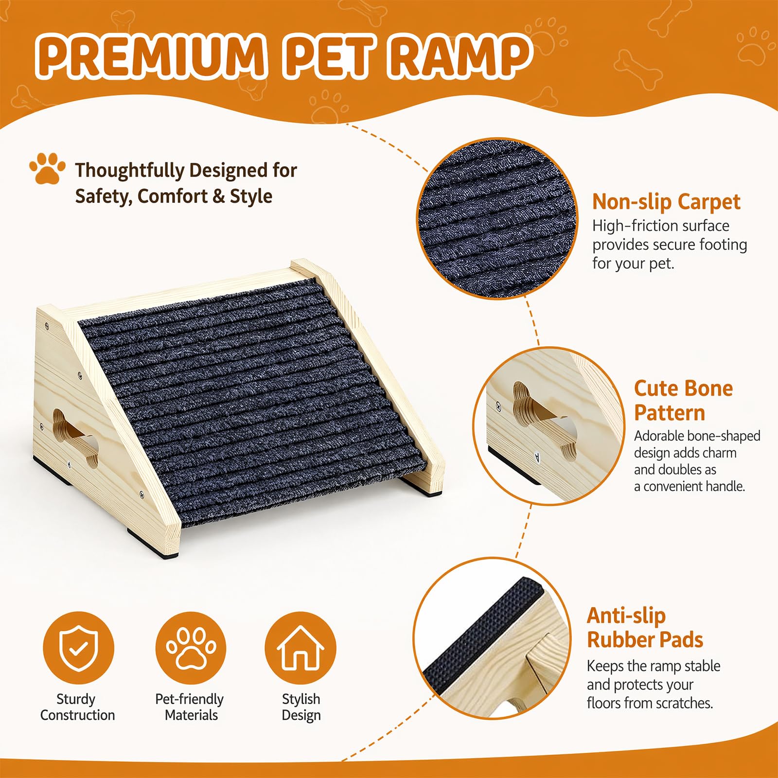 4er Hundetreppe für Kleine Hunde, Holz Hunderampe für Treppen 30 x 25 x 15 cm, rutschfeste Hunderampe mit Teppichoberfläche, Niedrigwinklige Haustierrampen, Stufen und Treppenhilfe