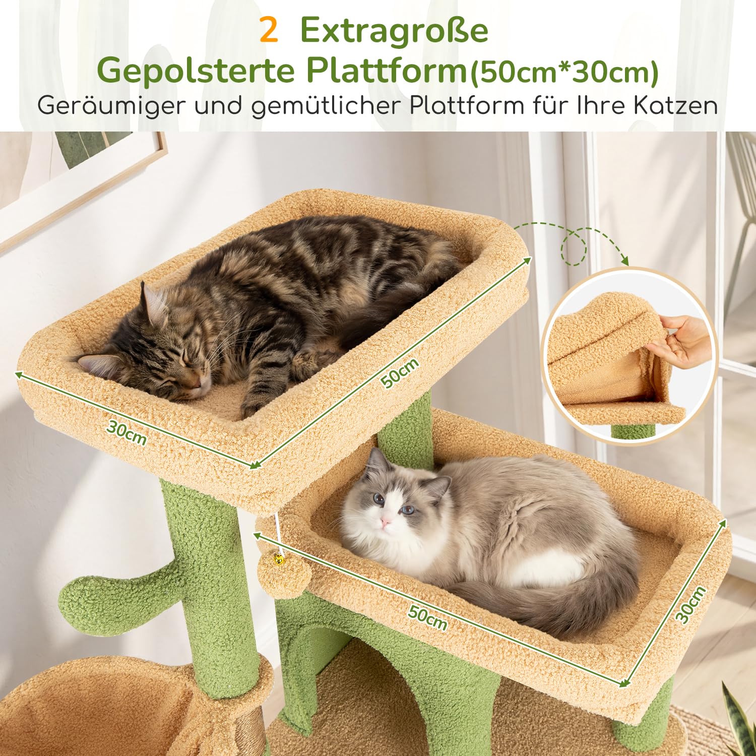 Globlazer Kratzbaum Kaktus Grün Große XXL 204 cm mit 2 Extragroße Gepolsterte Plattform 50*30CM, 2 Große Katzenhäuse, 3 Korb, Sisal Kratzbrett, Stabil Katzenbaum für 3-5 Groß Katzen Innen (S80G, Grün)