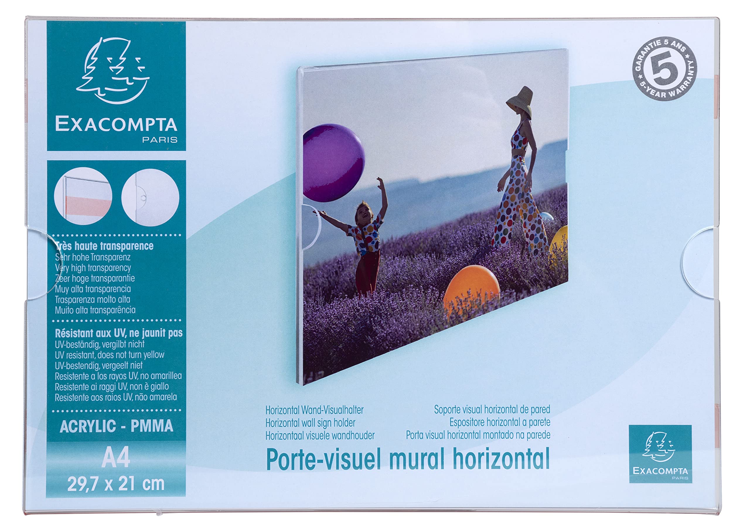 Exacompta - 84858QD - 1 bolsillo de pared (atornillable y pegado) A4 horizontal - PMMA (acrílico) de calidad - Alta transparencia - Color cristal