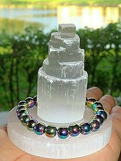 Pure Aura Home Protection Selenite Tower, Charging Plate 3", Hematite Bracelet and Selenite Tower About 2.2" to 2.4" Tall