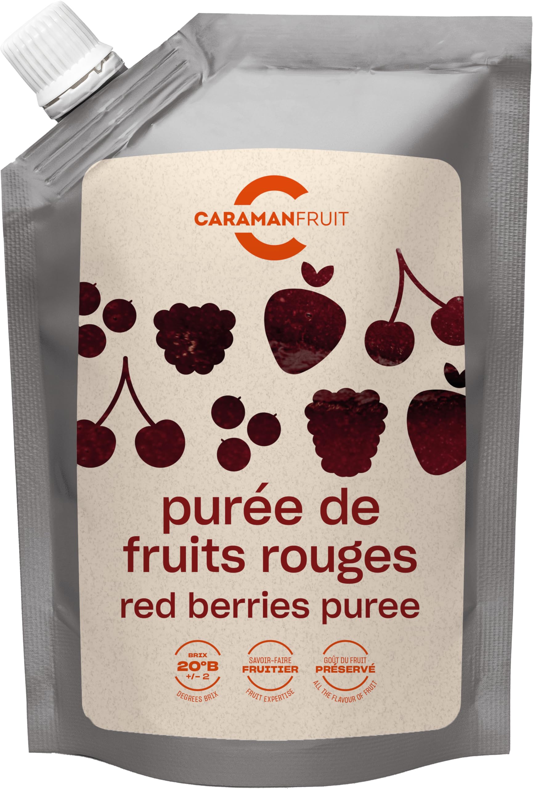Caramanfruit Waldfrucht-Frucht-Püree - 4x 1kg - Frucht-Püree aus Himbeeren, Sauerkirschen, Erdbeeren, Blaubeeren und Brombeeren, zur Herstellung von Sorbet, Eis, Kuchen, als Dessert, Porridge (4er)