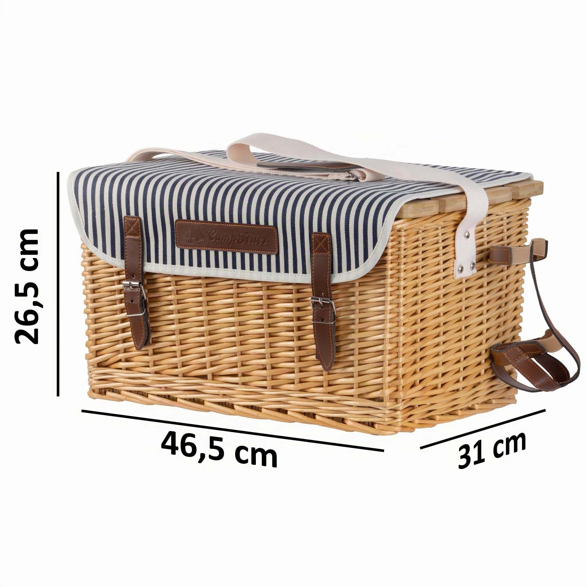 CampFeuer Cesta de Mimbre para Picnic con Correas de Polipiel | 4 Personas | 25 Piezas | Set de Picnic con Platos de Cerámica, Cubiertos, Copas, Manta de Picnic, Mesa y Mucho Más
