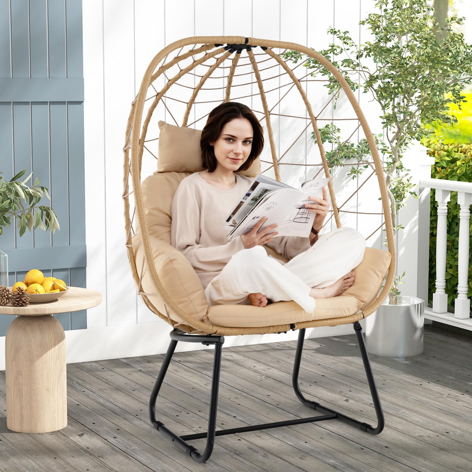 COSTWAY Korbsessel Rattan, übergroßer Loungesessel mit abnehmbarem Kissen & Metallgestell, Gartensessel, Rattansessel für Balkon, Garten, Terrasse, Wohnzimmer (Beige)