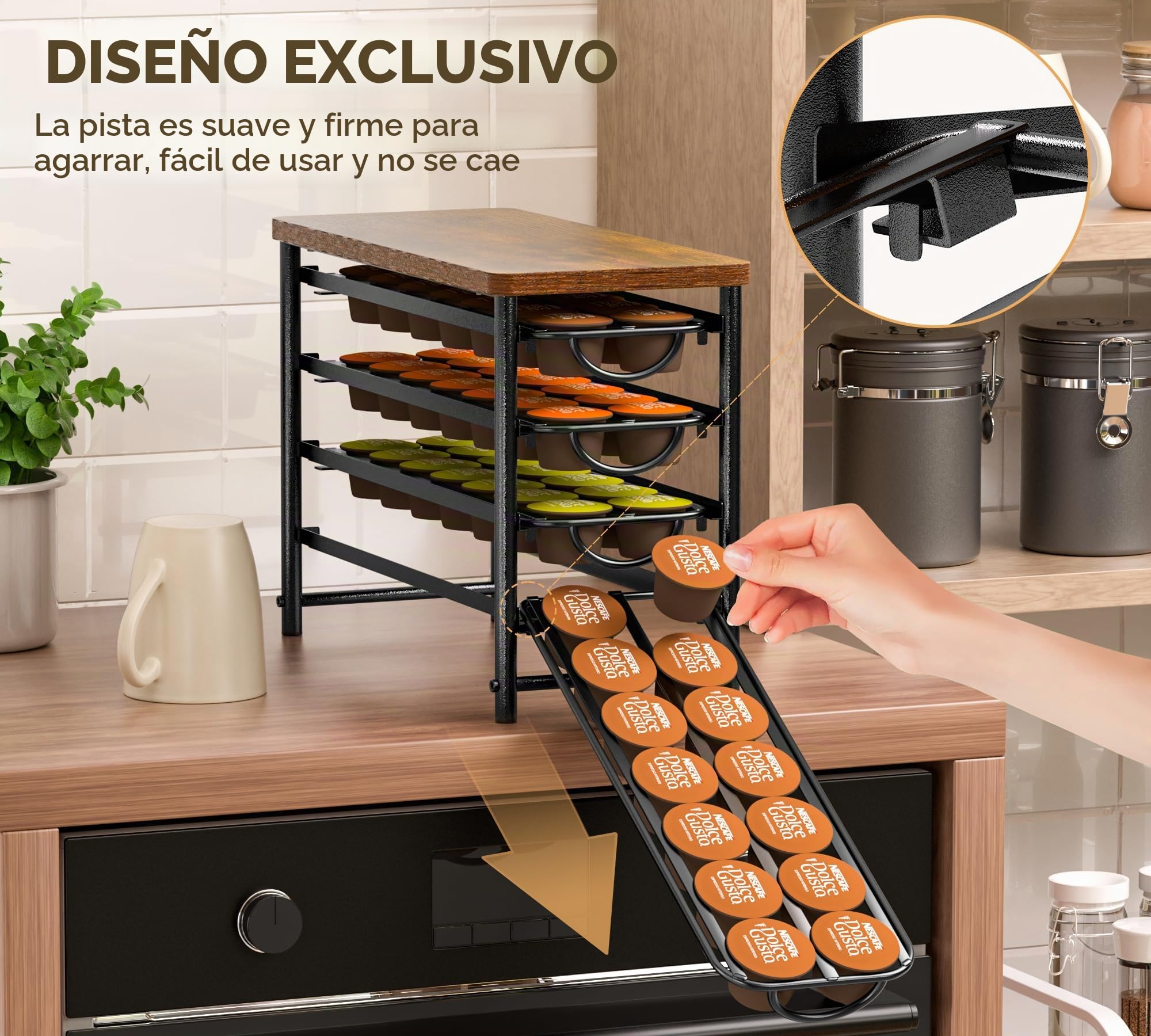 Soporte para cápsulas de café de 4 niveles para Dolce Gusto, 56 cápsulas de capacidad, cajón de almacenamiento de cápsulas de metal con parte superior de madera, organizador de café deslizante
