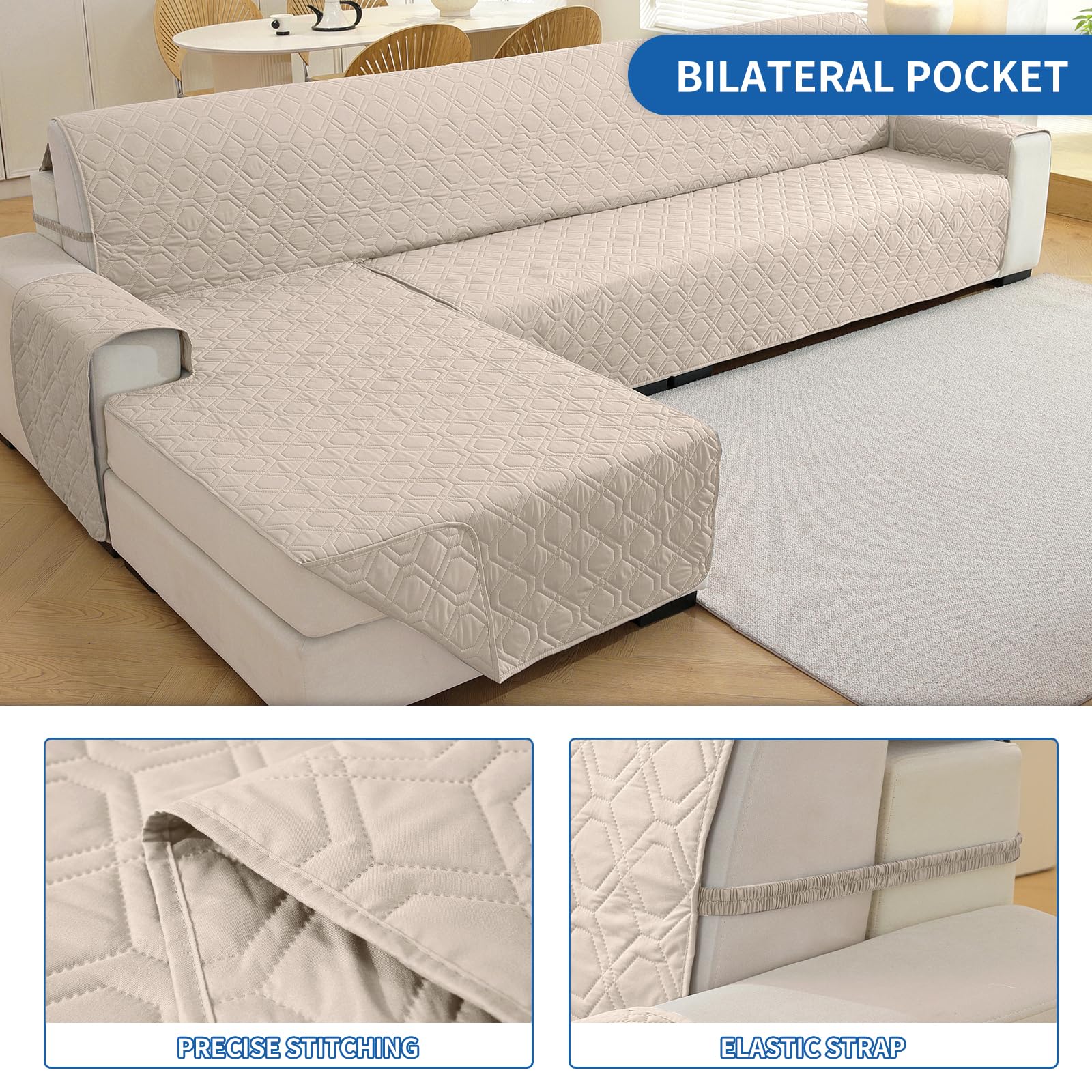 YSTELLAA Impermeabile Copridivano 3 Posti Con Penisola, Copri Divano Angolare Destra/Sinistra Universale Reversibile, Copridivano Chaise Longue Antiscivolo, Antigraffio Antimacchia, Beige
