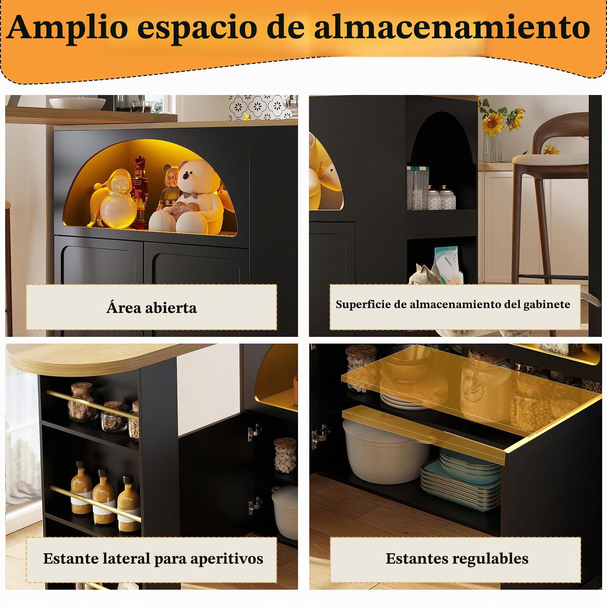 LAKFEW Mesa de Bar Extensible y Giratorio con LED y 2 Ruedas, Mesa Alta Cocina con 2 Puertas y Estante de Almacenaje, Isla Cocina con Barra, Mueble Bar Mueble Auxiliar, 135(205) x39x100 cm, Negro