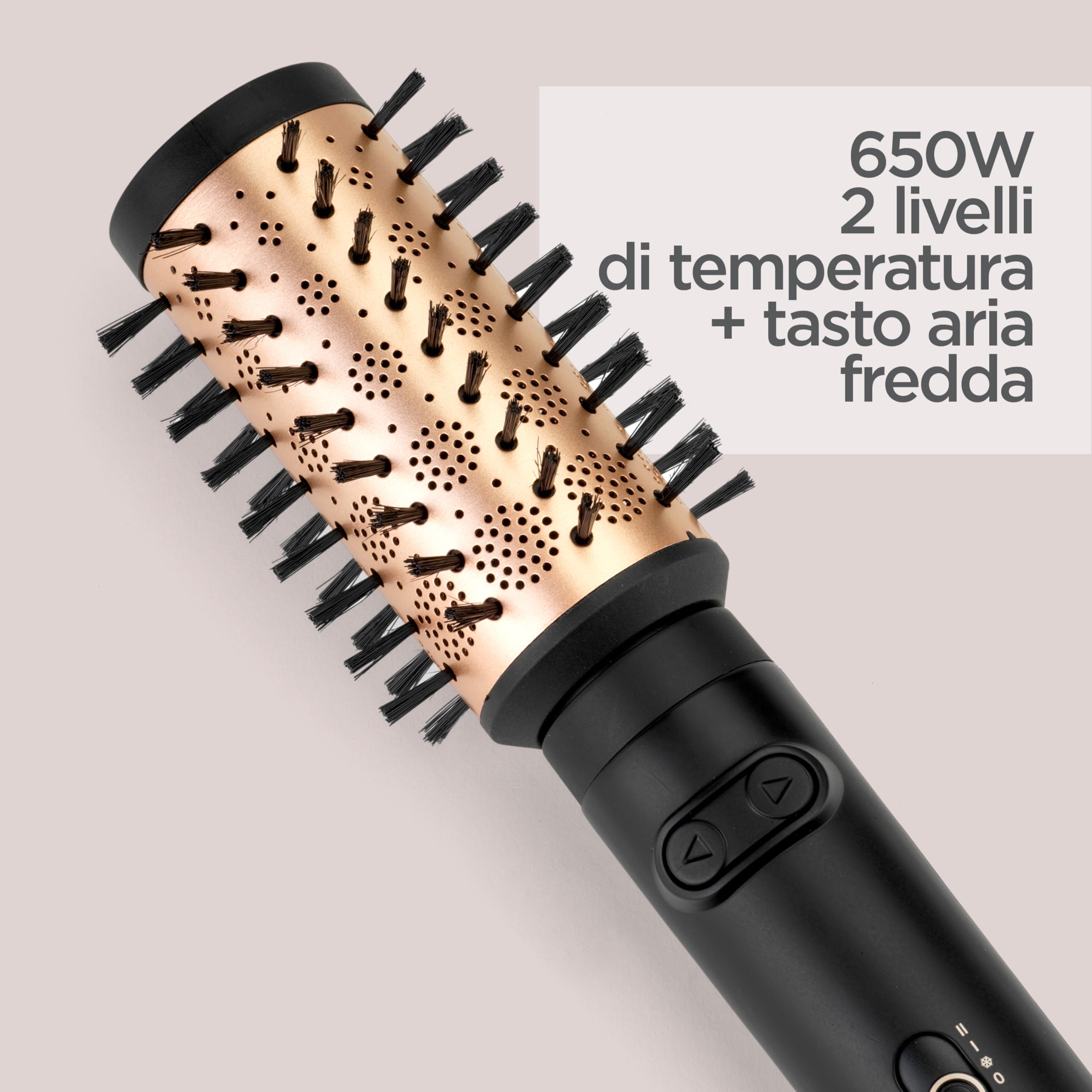 BaByliss AS970E Spazzola Rotante Da 650W, Funzione Ionica Anti-Crespo, 4 Accesori per Asciugare e Modellare, 2 Temperature + Tasto Aria Fredda, Nero e Oro