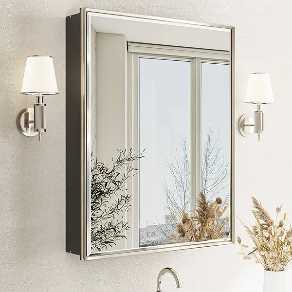 QueenFun 24''x 30'' Brushed Nickel Medicine Cabinet, Recessed or Surface Framed Medicine Cabinet with Beveled Mirror Pre-Assembled, Reversible Bathroom Storage Vanity Cabinet with Adjustable Shelves