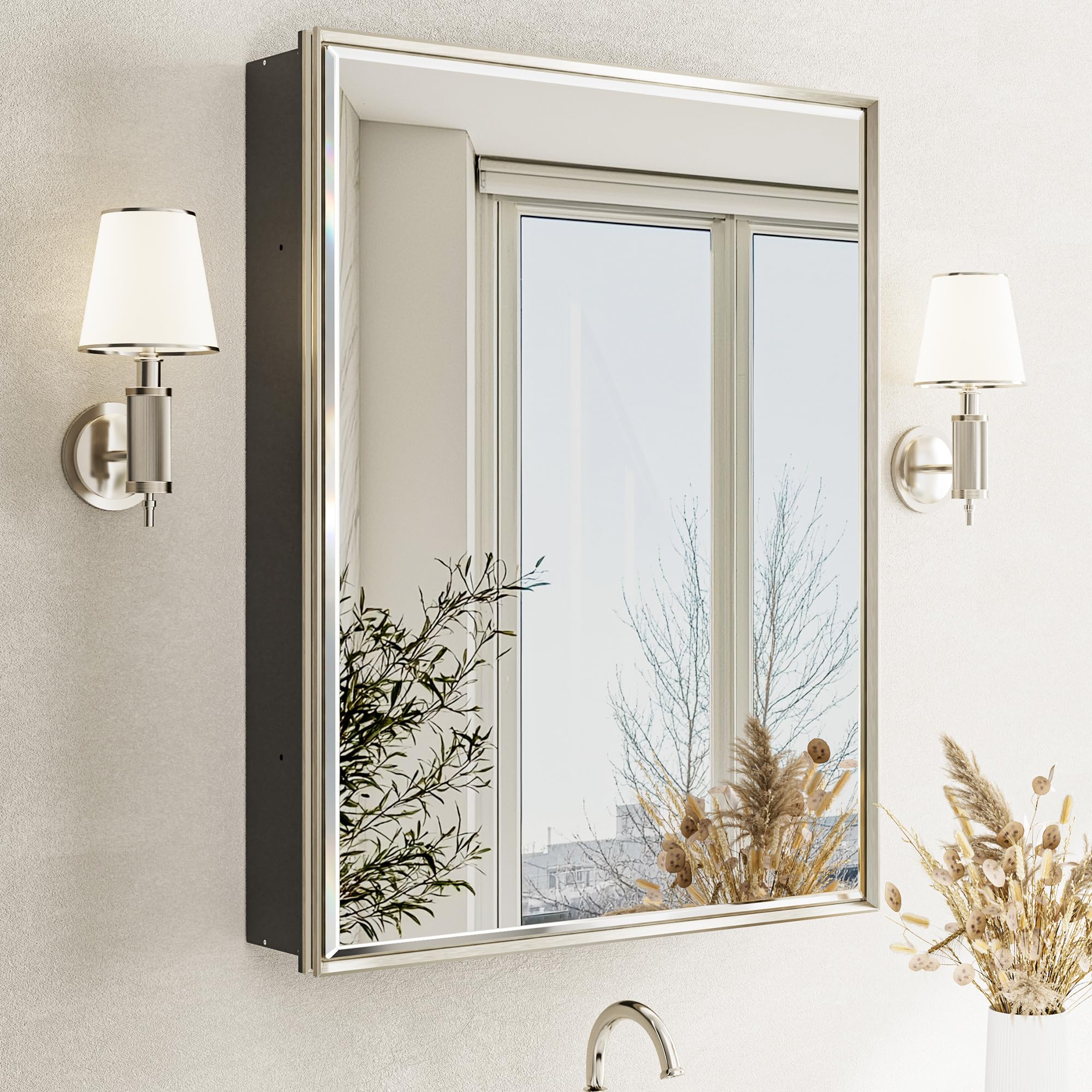 QueenFun 24''x 30'' Brushed Nickel Medicine Cabinet, Recessed or Surface Framed Medicine Cabinet with Beveled Mirror Pre-Assembled, Reversible Bathroom Storage Vanity Cabinet with Adjustable Shelves