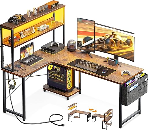 AODK L Shaped Desk Gaming Desk with LED Light & Power Outlet, 53 Inch Reversible L Shaped Computer Table with Shelf & Storage Bag & Hook for Home Office, Vintage