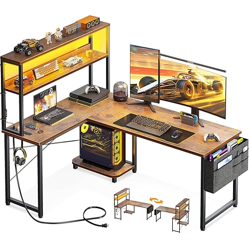 AODK L Shaped Desk Gaming Desk with LED Light & Power Outlet, 53 Inch Reversible L Shaped Computer Table with Shelf & Storage Bag & Hook for Home Office, Vintage