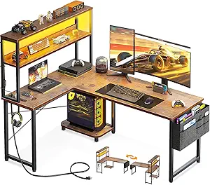 AODK L Shaped Desk Gaming Desk with LED Light & Power Outlet, 53 Inch Reversible L Shaped Computer Table with Shelf & Storage Bag & Hook for Home Office, Vintage