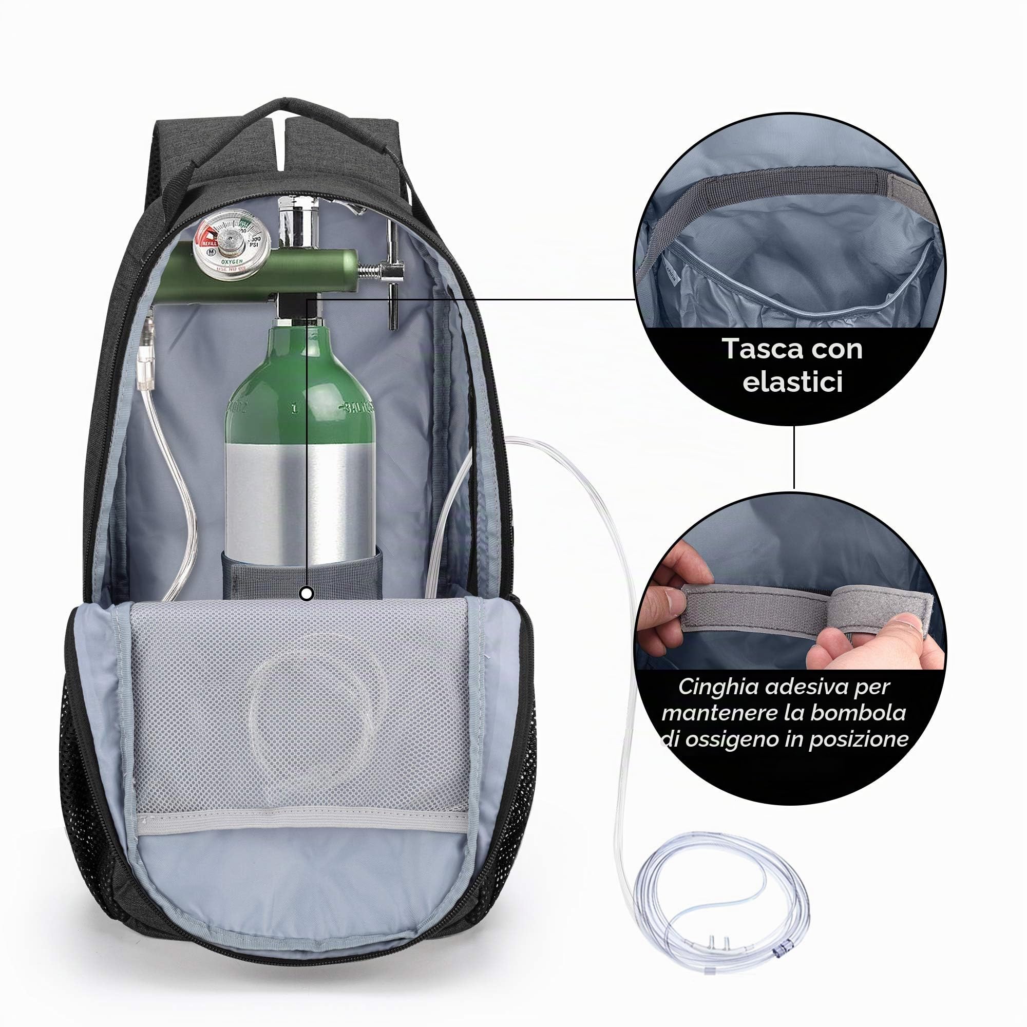 CURMIO Zaino per bombole di ossigeno, borsa da trasporto per bombole di ossigeno,ideale per la base quotidiana, viaggi, adatto per bombole di dimensioni M2, M4/ A, ML6, M6 / B, M7, M9 / C,Nero