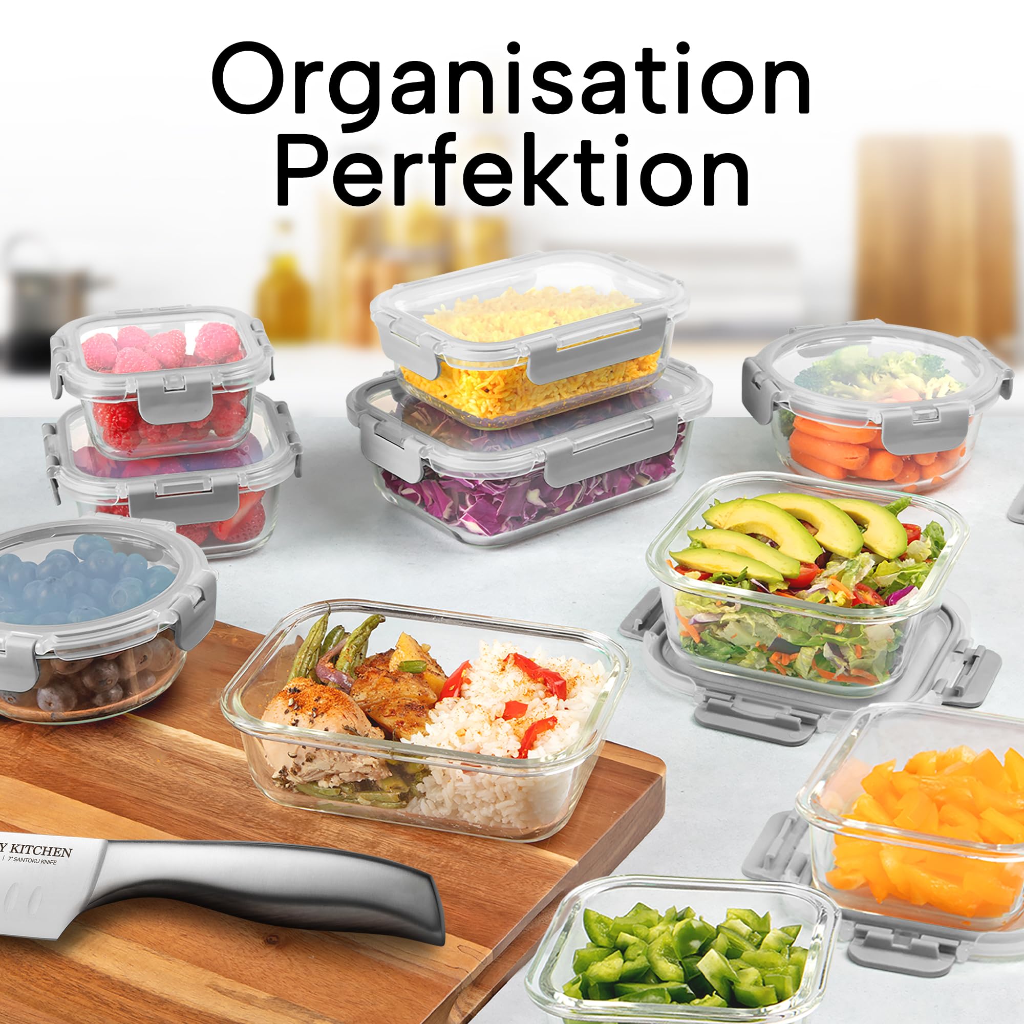 Zulay 12er-Set Glas-Frischhaltedosen für Meal Prep, Tupperdosen Set aus Glas mit luftdichten Deckeln - Meal Prep Boxen Gläser, spülmaschinen-, mikrowellen-, ofen- & gefriergeeignet, BPA-frei - Grau