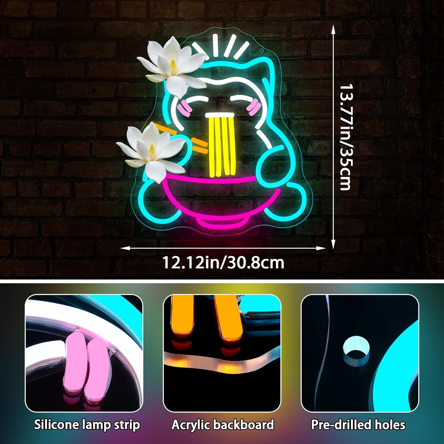 Ramen Cat Neon Sign for Wall Decor Dimmable Cat Ramen Neon Light for Man Cave Noodle LED Light Up Sign For Restaurant Home Bar Kitchen Dinning Room Safe Birthday Gifts Size 13.7 * 12.1In(P339) - Image 3