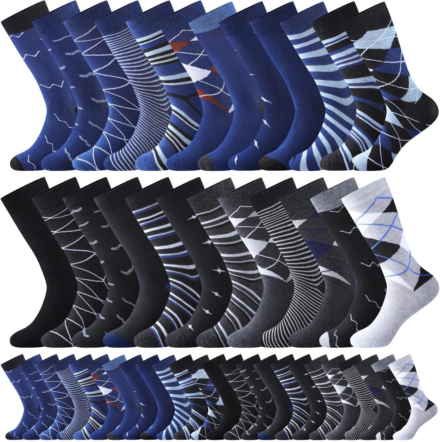 24 Pairs Men Dress Socks Bulk Dress Cotton Crew Funny Work Socks Size 7-12 Lightweight Comfort Business Stockings for Men