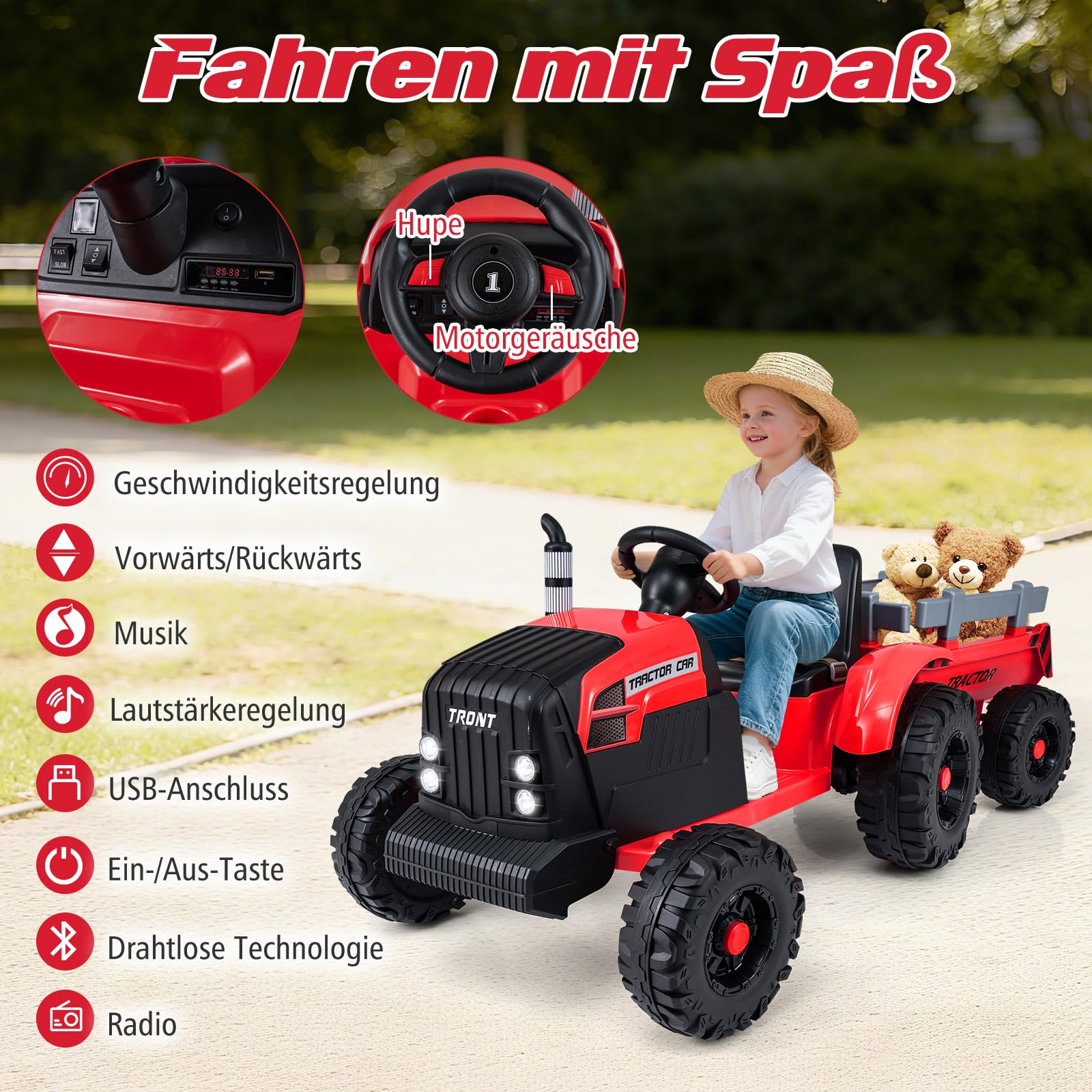 COSTWAY Elektro Traktor mit Anhänger, 24V Aufsitztraktor elektrisch inkl. Fernbedienung, Kindertraktor mit Musik, USB, Sanft-Start & LED Lichtern, Elektrotraktor für Kinder ab 3 Jahren (Rot)
