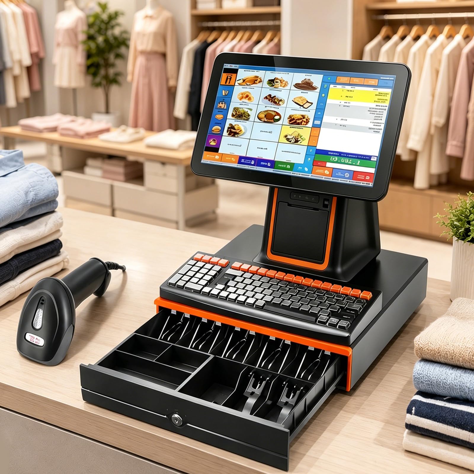 Point of Sale System for Small Business, 15.6" Touch Screen Cash Register with Built-In 58mm Printer, Cash Drawer and Barcode Scanner, I5 Pos System for Retail Stores Restaurants Cafes Black