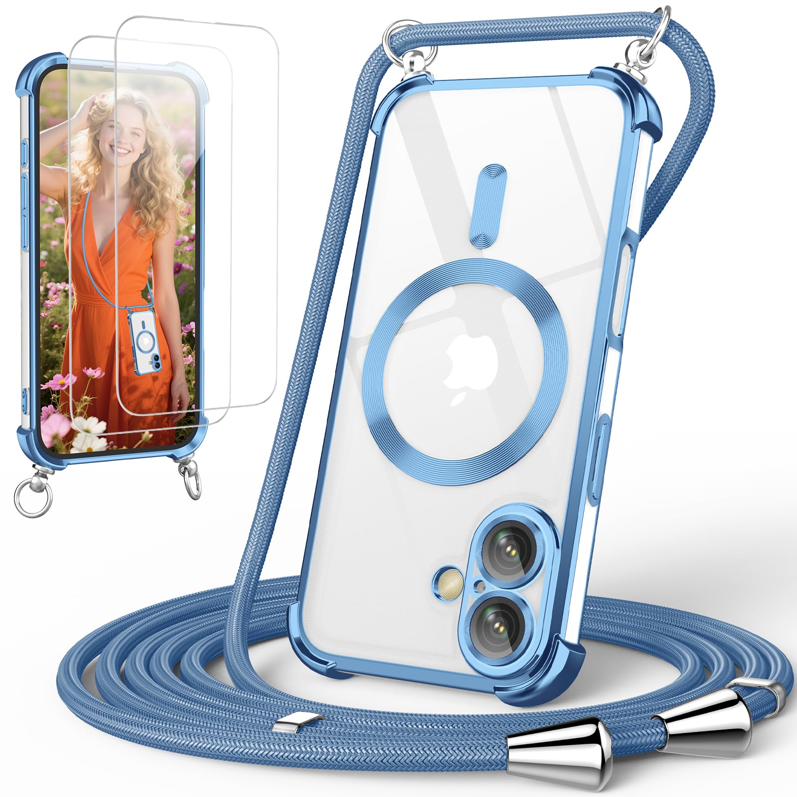 GOODVISH Handykette für iPhone 17 Pro Max Hülle mit Band, Silber | mit 2 Stück Schutzfolie, mit Kamera Schutz, Necklace Handyhülle mit kette, Transparent 360° Schutz Magnetisch Case 6,9