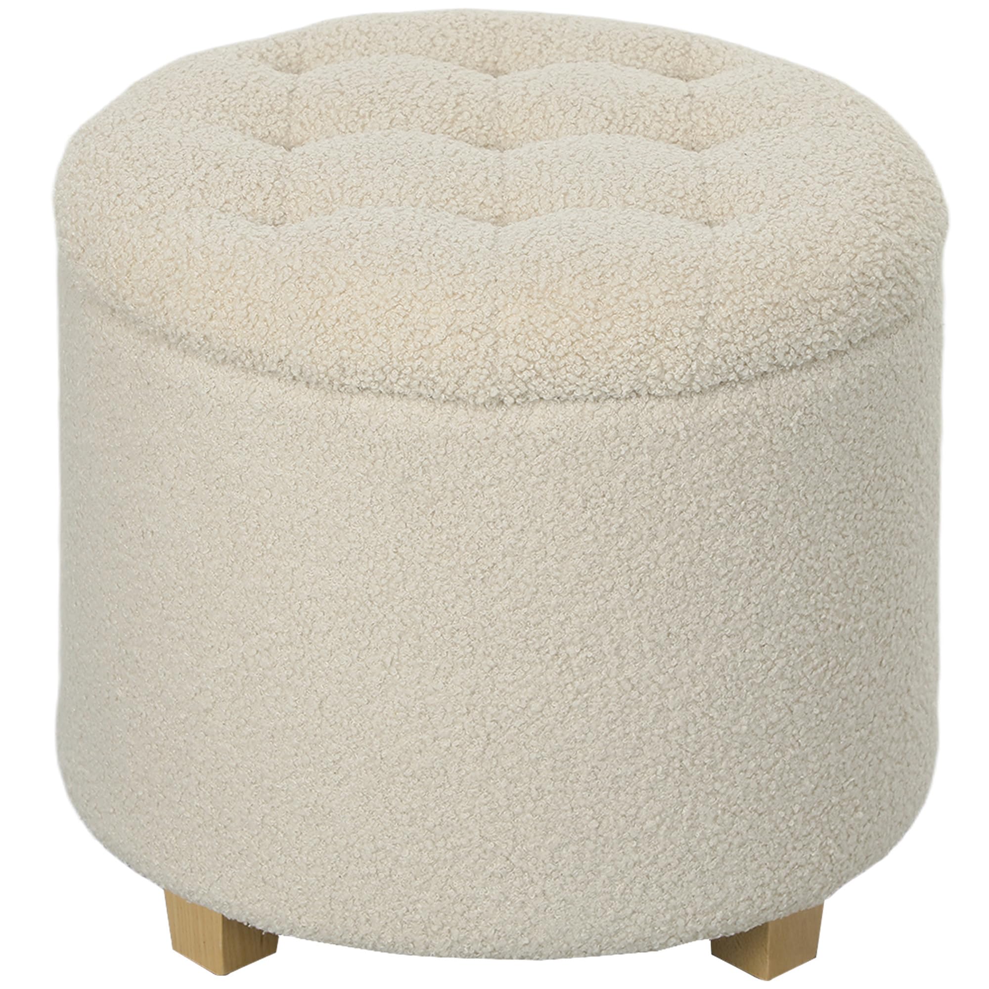 HOMCOM Round Ottoman Storage Footstool - Cream - Cashmere - 45cm