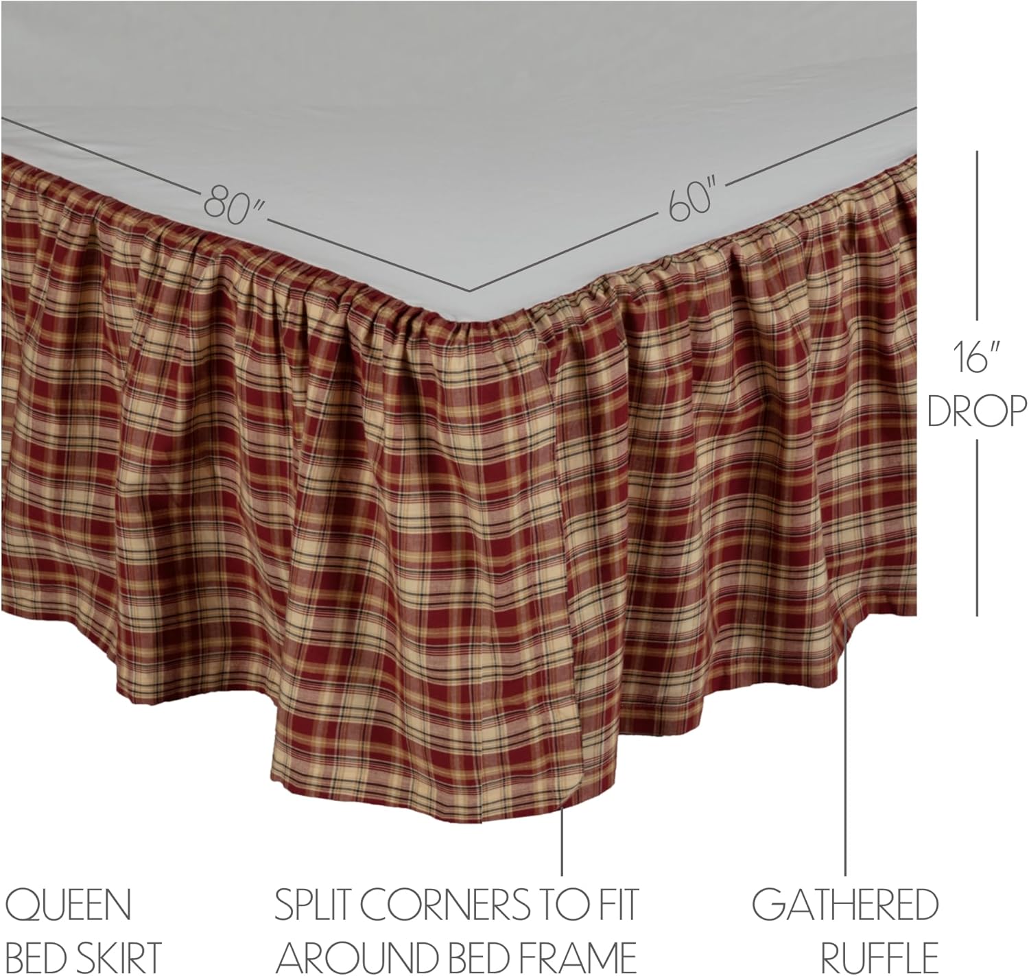 VHC Brands Beckham Plaid Cotton Rustic Split Corners Gathered Queen Bed Skirt, 60x80x16, Rust Red