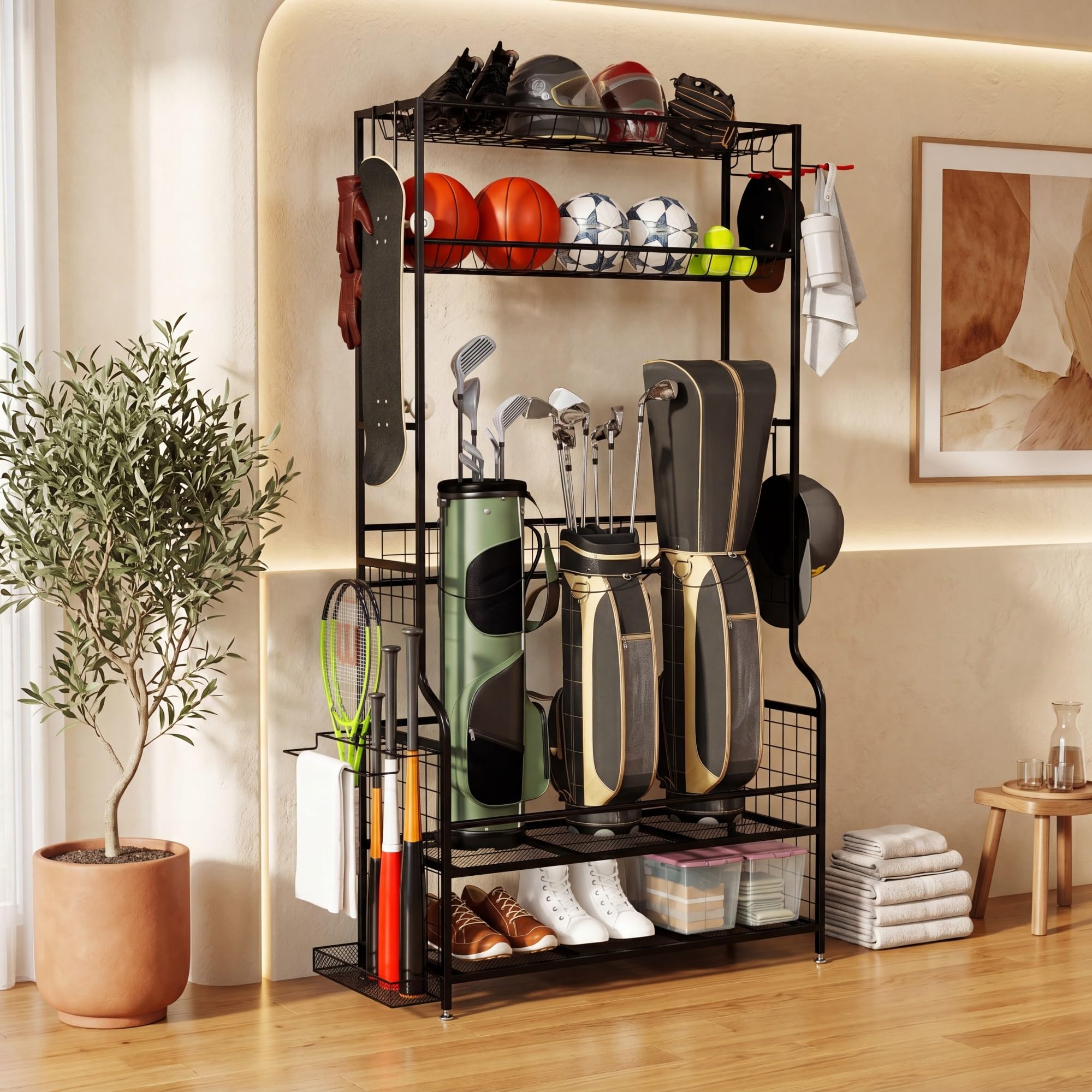 GYMAX Estante Organizador para Bolsas de Golf y Accesorios, con Capa Adicional para Palos y Ruedas Universales Bloqueables, para 2 Bolsas, Ideal para Garaje, Sótano y Cobertizo