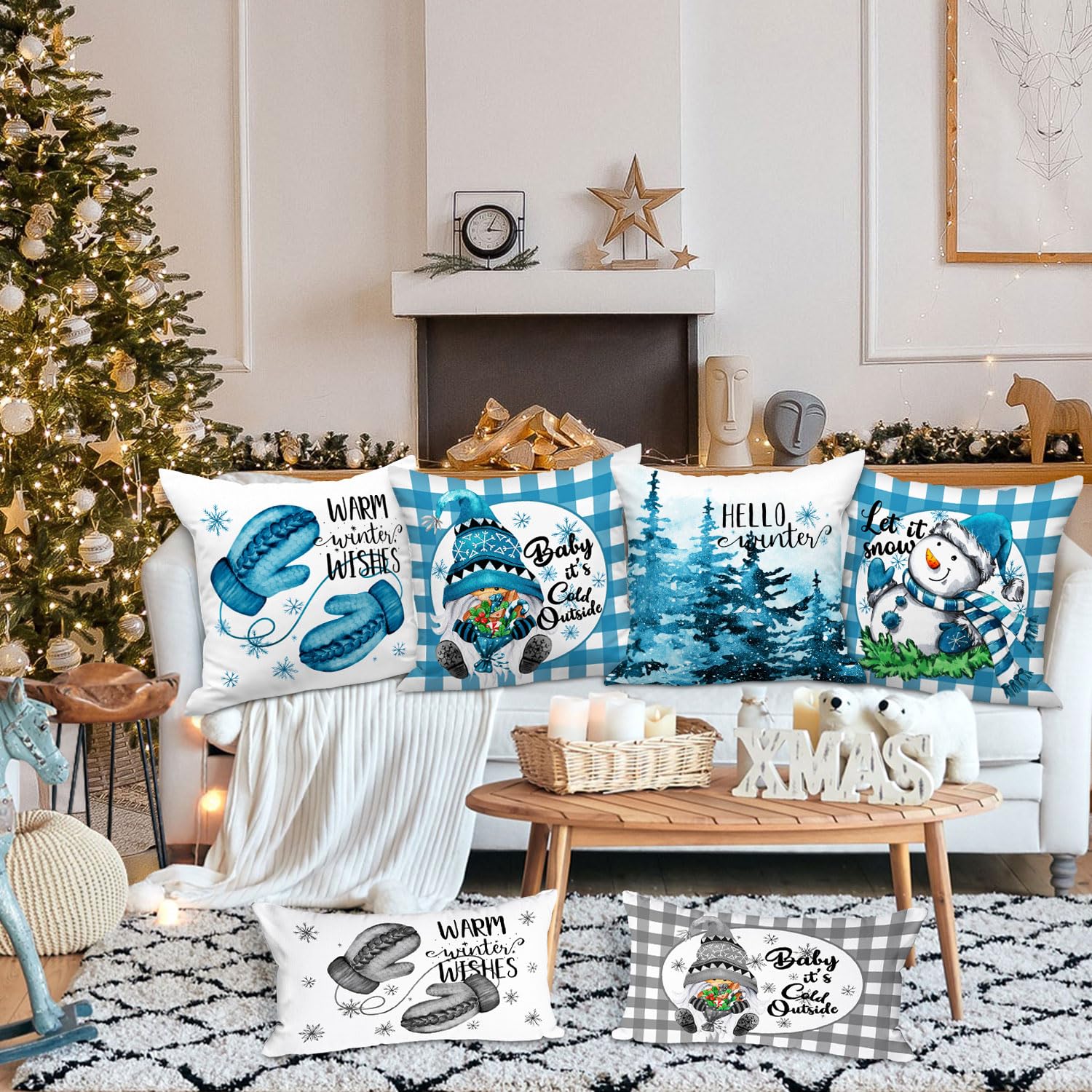 Lanpn 4 Stück Kissenbezug Weihnachten Kissenhülle 45x45 cm, Zwerg Winterkissenbezug Dekoration für Sofa Blau 45 x 45 cm
