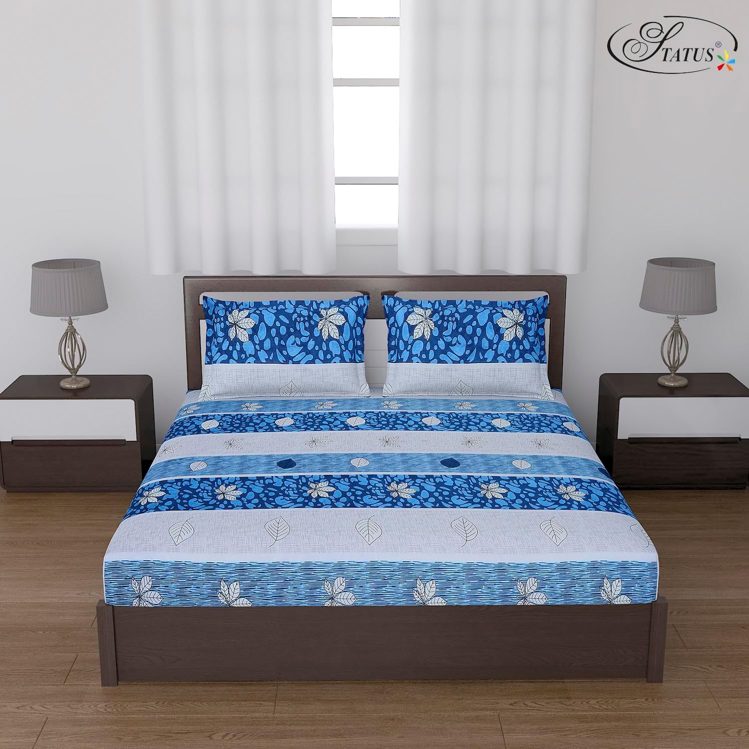 Cotton Rich Double Bedsheet with 2 Pillow Covers for Bed Room, Home, Hotel-120 GSM (Blue Stripes)