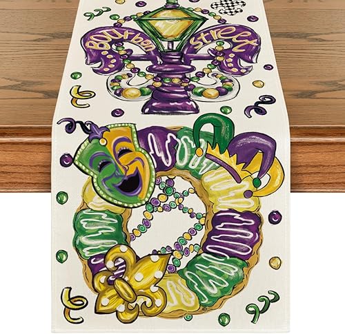 Artoid Mode Máscara de cuentas de lirios, sombrero de rosquilla, camino de mesa de Mardi Gras, decoración de mesa de comedor para decoración de