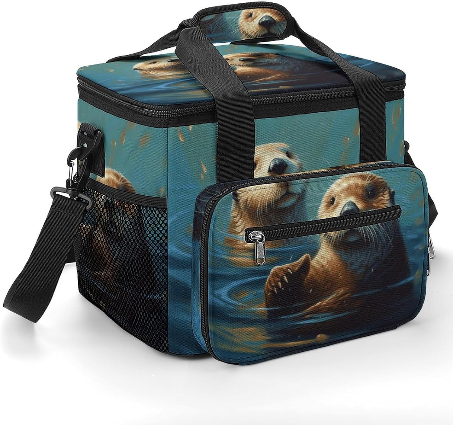 Large-Capacity Oxford Cloth Sea Otters Painting Printed Camping Ice Bag, Outdoor Portable Insulation and Cold Storage Bag, Enjoy A Cool Camping Time