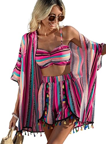 Verdusa Women's 3 Piece Outfits Short Sleeve Open Front Kimono and Boho Cami Top