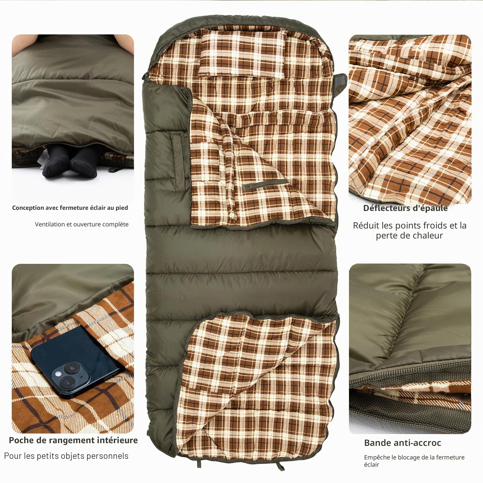 BISINNA Sac de Couchage 3 Saisons XXL en Flanelle avec Oreiller pour Adultes Chaud et imperméable pour la randonnée, Le Camping intérieur et extérieur, avec Sac de Compression